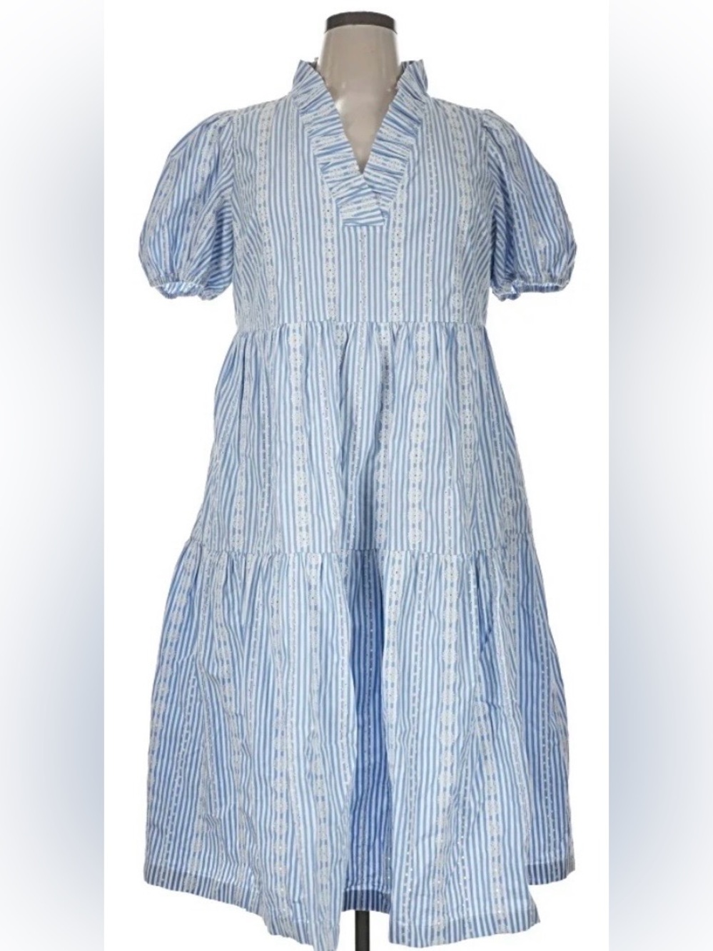 Crown & Ivy Blue/White Striped Embroidered Eyelet Cotton Dress Sz XL Cottagecore